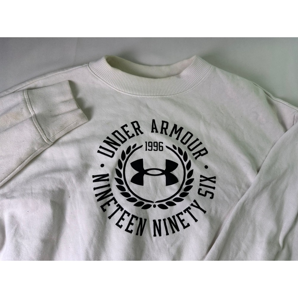 Under Armour Sweatshirt Small White Crewneck Rival Fleece 1996 Crest Logo Loose